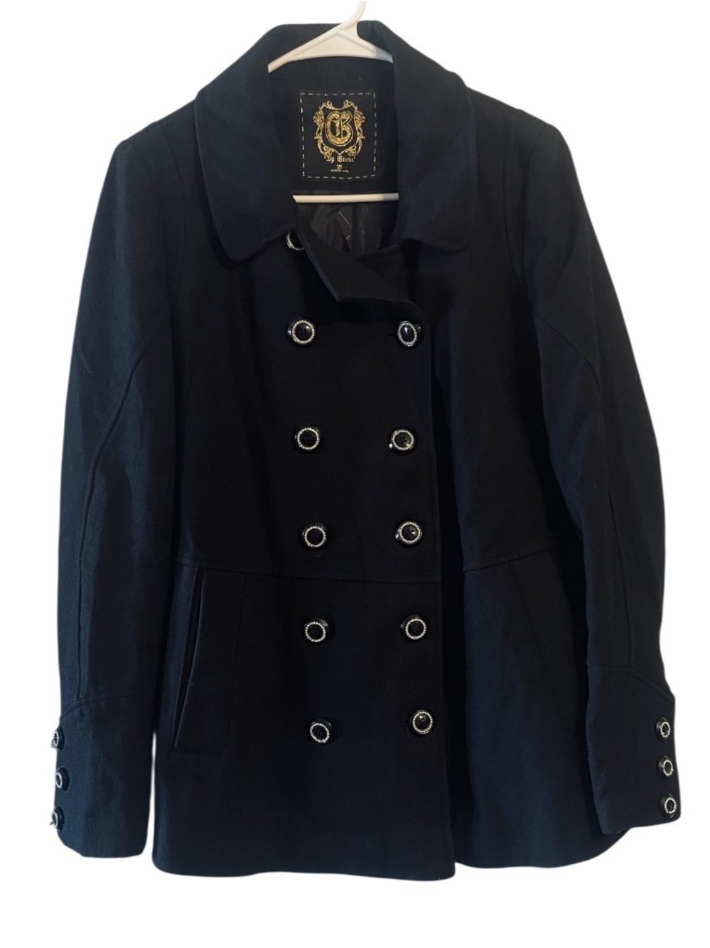 GUESS Y2K Black Double Breasted Collared Pea Coat Rhinestone Button Wool Blend M